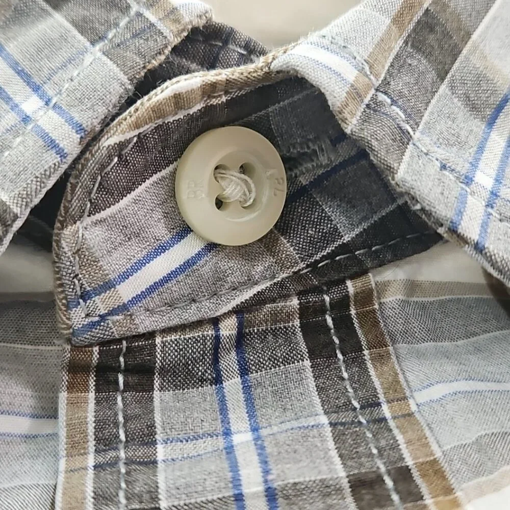 Banana Republic Shirt Men's L Tall Brown Plaid Soft Wash Tailored Slim Fit‎ EUC